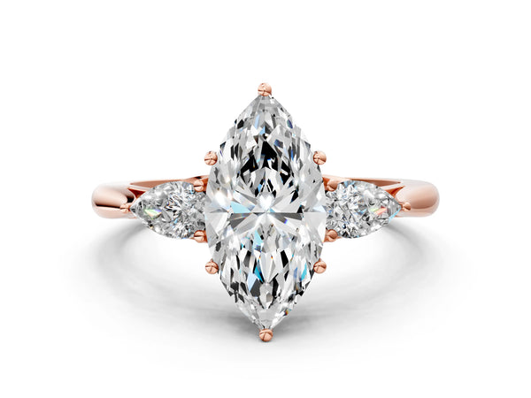 Rose Gold Marquise Three Stone Engagement Ring Setting with Pear Side Stones and Thin Band