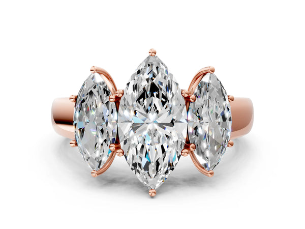 Rose gold Three-Stone Marquise Cut Diamond Ring with Prong Setting and Classic Band