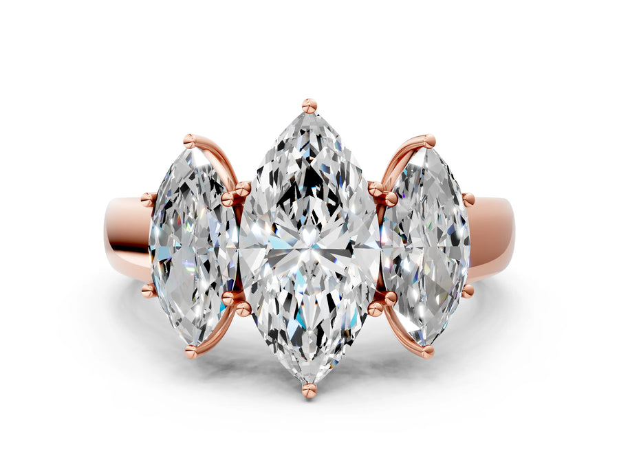 Rose gold Three-Stone Marquise Cut Diamond Ring with Prong Setting and Classic Band