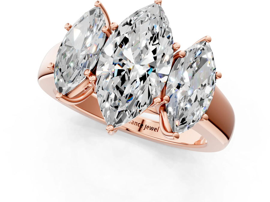 Rose gold Three-Stone Marquise Cut Diamond Ring with Prong Setting and Classic Band