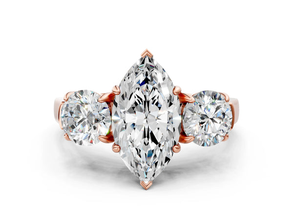 Rose gold Three-Stone Marquise Cut Diamond Ring with Round Accent Stones, Prong Setting, and Classic Band