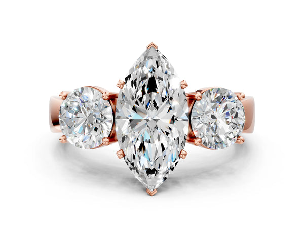 Rose gold Three-Stone Marquise Cut Diamond Ring with Round Side Stones, Classic Band, and Four-Prong Setting
