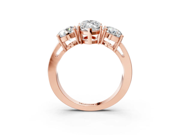 Rose gold Three-Stone Marquise Cut Diamond Ring with Round Side Stones, Classic Band, and Four-Prong Setting