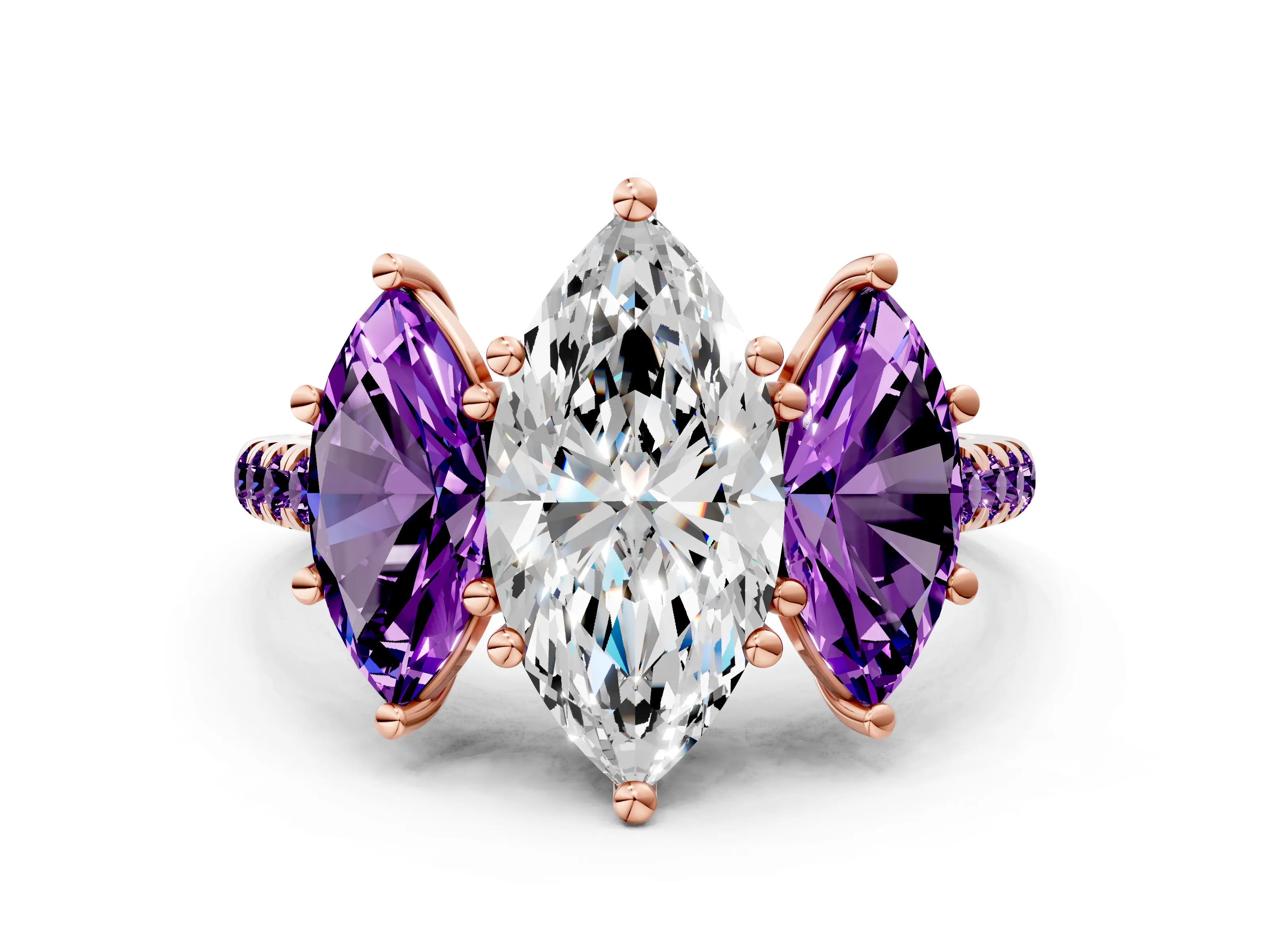 Rose gold Three-Stone Marquise Cut Diamond Ring with Round with Amethyst side stone Pavé Band and Prong Setting