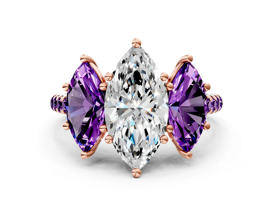 Rose gold Three-Stone Marquise Cut Diamond Ring with Round with Amethyst side stone Pavé Band and Prong Setting