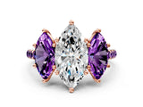 Rose gold Three-Stone Marquise Cut Diamond Ring with Round with Amethyst side stone Pavé Band and Prong Setting