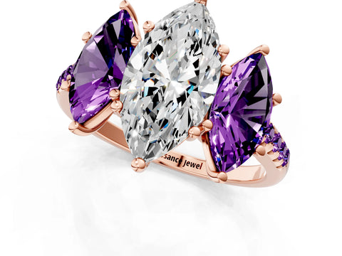 Rose gold Three-Stone Marquise Cut Diamond Ring with Round with Amethyst side stone Pavé Band and Prong Setting_1