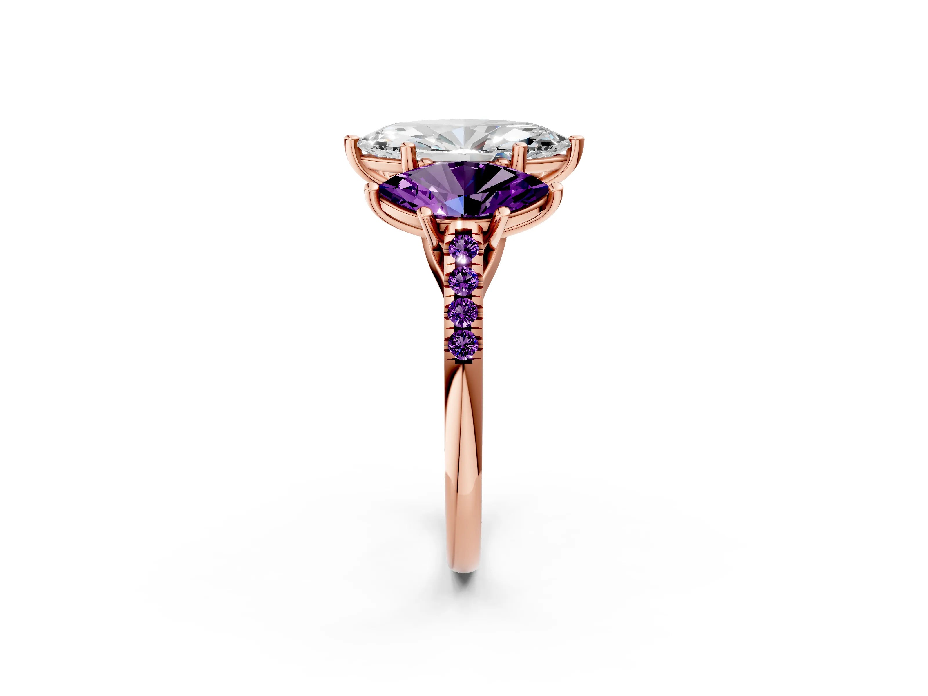 Rose gold Three-Stone Marquise Cut Diamond Ring with Round with Amethyst side stone Pavé Band and Prong Setting_2