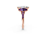 Rose gold Three-Stone Marquise Cut Diamond Ring with Round with Amethyst side stone Pavé Band and Prong Setting_2