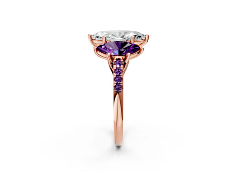 Rose gold Three-Stone Marquise Cut Diamond Ring with Round with Amethyst side stone Pavé Band and Prong Setting_2