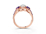 Rose gold Three-Stone Marquise Cut Diamond Ring with Round with Amethyst side stone Pavé Band and Prong Setting_3