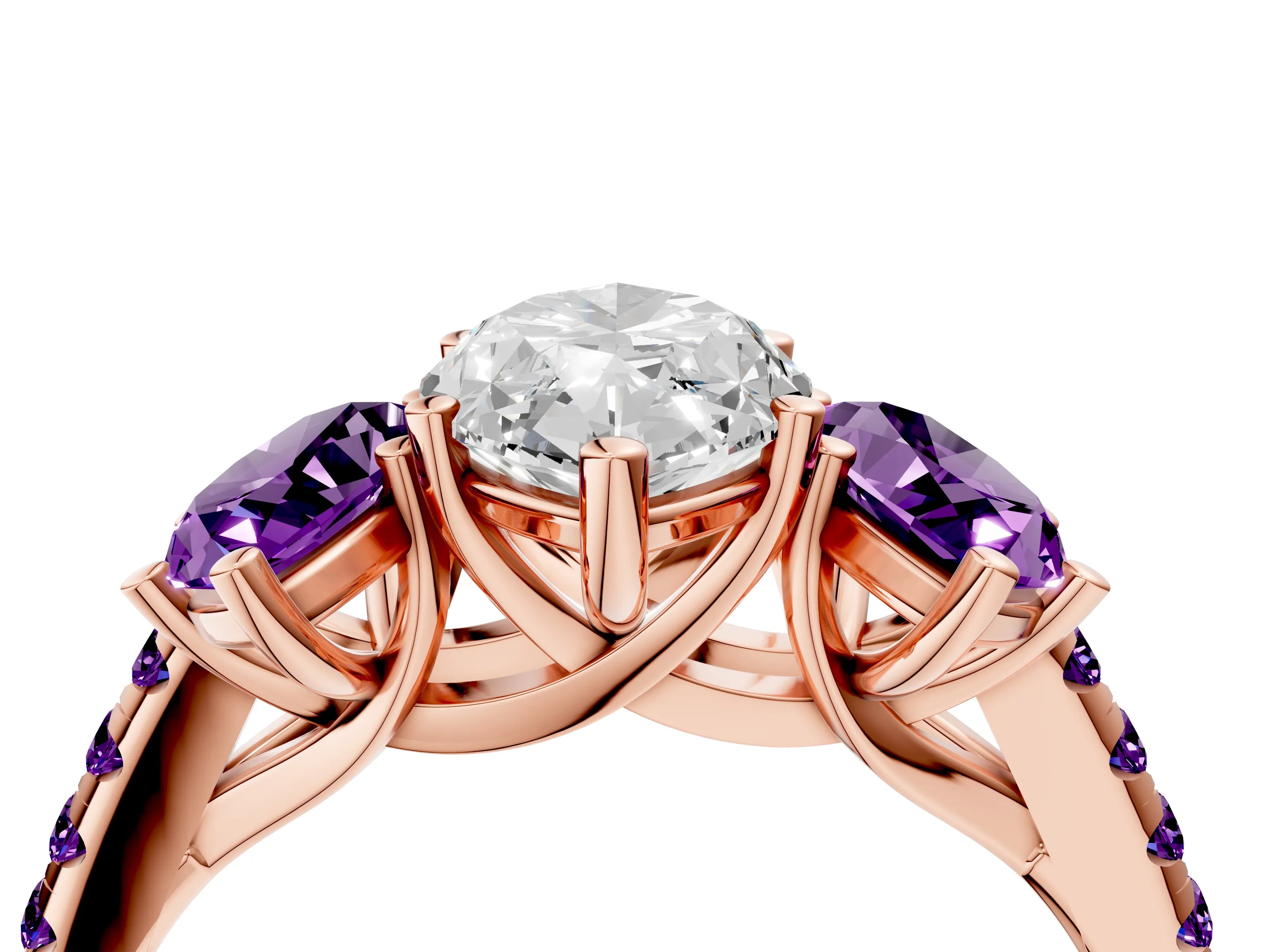 Rose gold Three-Stone Marquise Cut Diamond Ring with Round with Amethyst side stone Pavé Band and Prong Setting_4