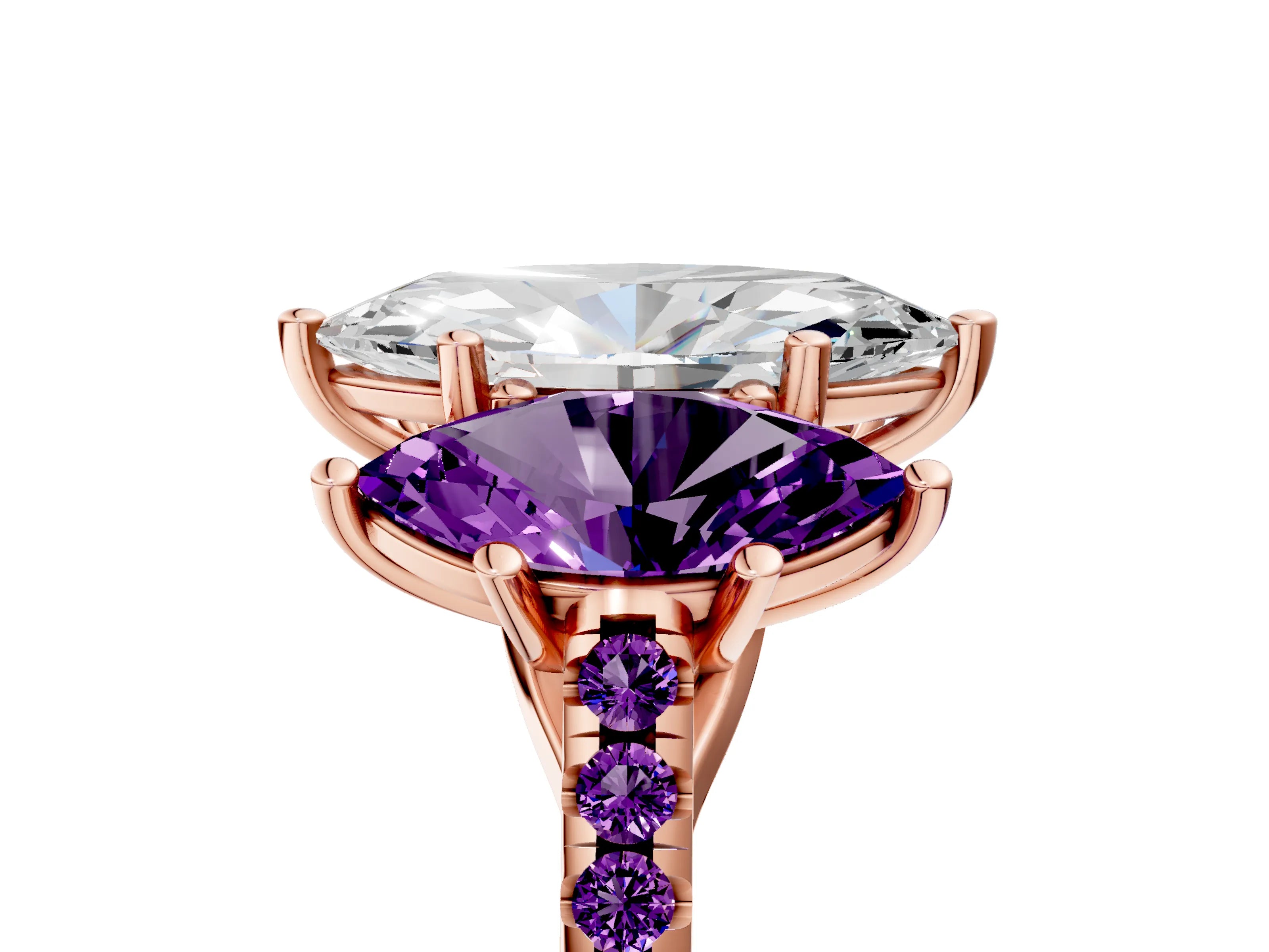 Rose gold Three-Stone Marquise Cut Diamond Ring with Round with Amethyst side stone Pavé Band and Prong Setting_5