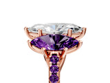 Rose gold Three-Stone Marquise Cut Diamond Ring with Round with Amethyst side stone Pavé Band and Prong Setting_5