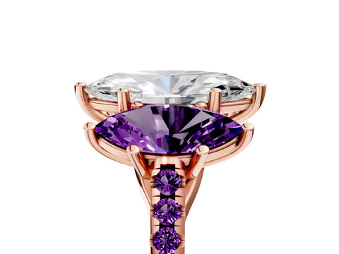 Rose gold Three-Stone Marquise Cut Diamond Ring with Round with Amethyst side stone Pavé Band and Prong Setting_5