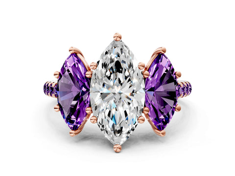 Rose gold Three-Stone Marquise Cut Diamond Ring with Round with Amethyst side stone Pavé Band and Prong Setting