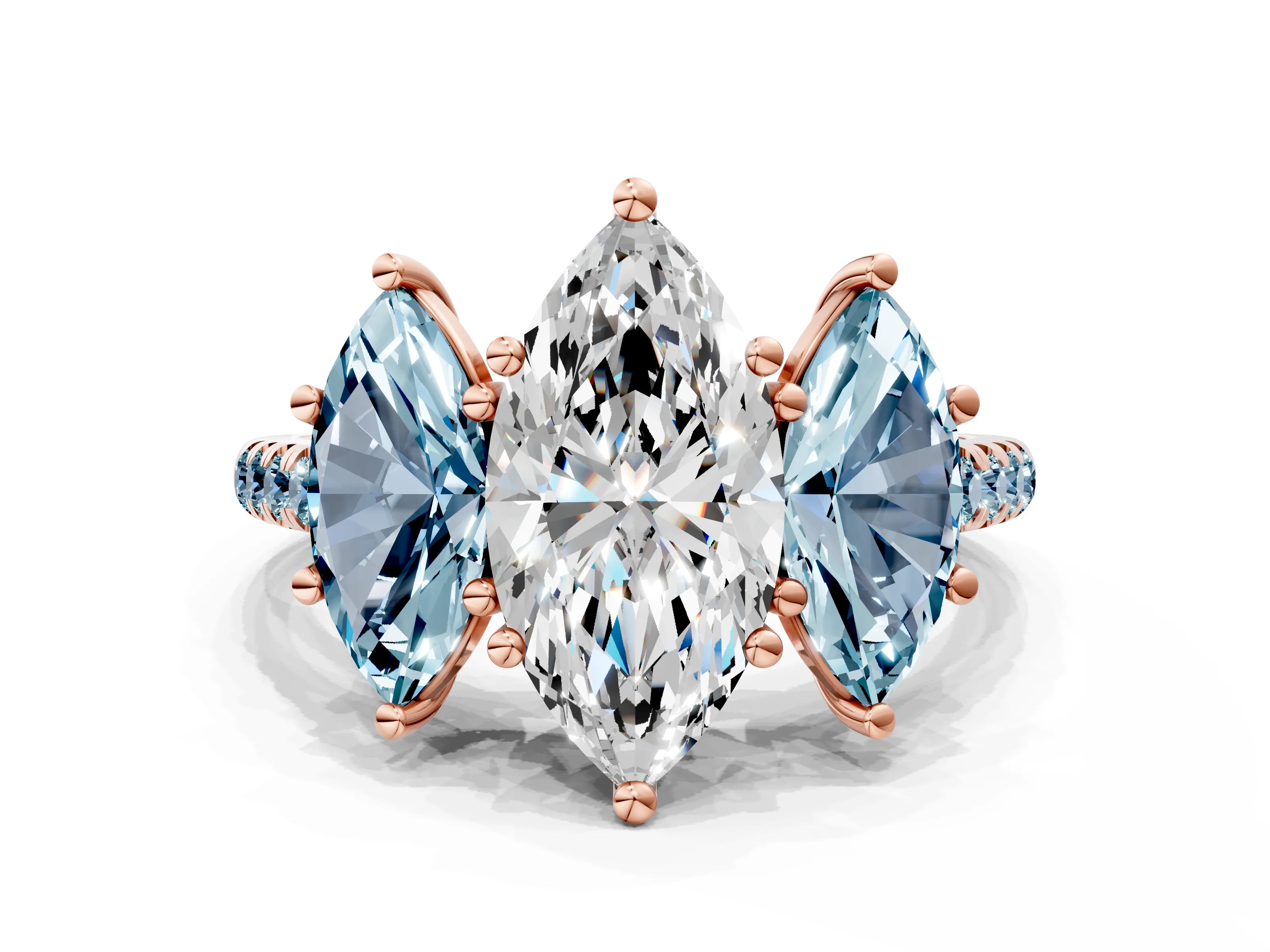Rose gold Three-Stone Marquise Cut Diamond Ring with Round with Aquamarine side stone Pavé Band and Prong Setting