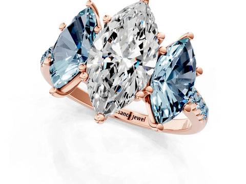 Rose gold Three-Stone Marquise Cut Diamond Ring with Round with Aquamarine side stone Pavé Band and Prong Setting_1