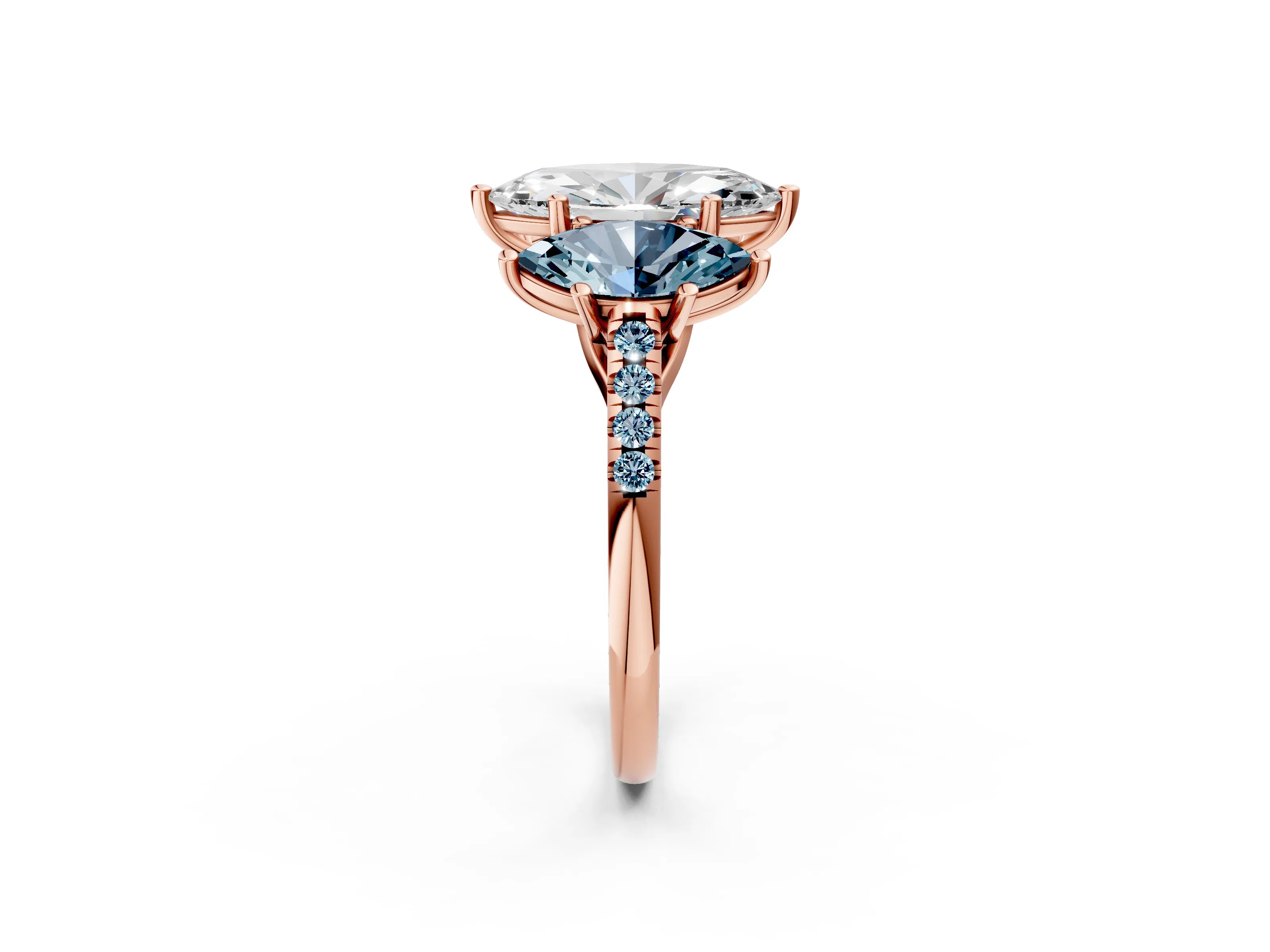 Rose gold Three-Stone Marquise Cut Diamond Ring with Round with Aquamarine side stone Pavé Band and Prong Setting_2