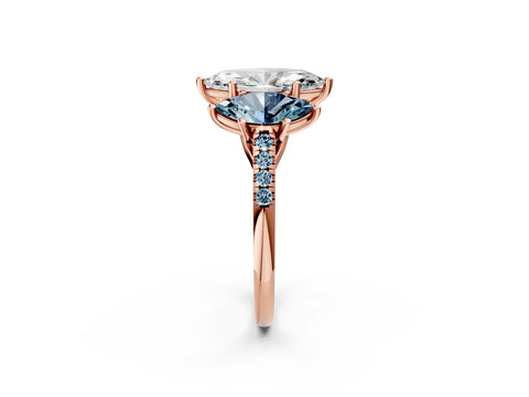Rose gold Three-Stone Marquise Cut Diamond Ring with Round with Aquamarine side stone Pavé Band and Prong Setting_2