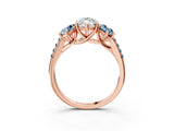 Rose gold Three-Stone Marquise Cut Diamond Ring with Round with Aquamarine side stone Pavé Band and Prong Setting_3
