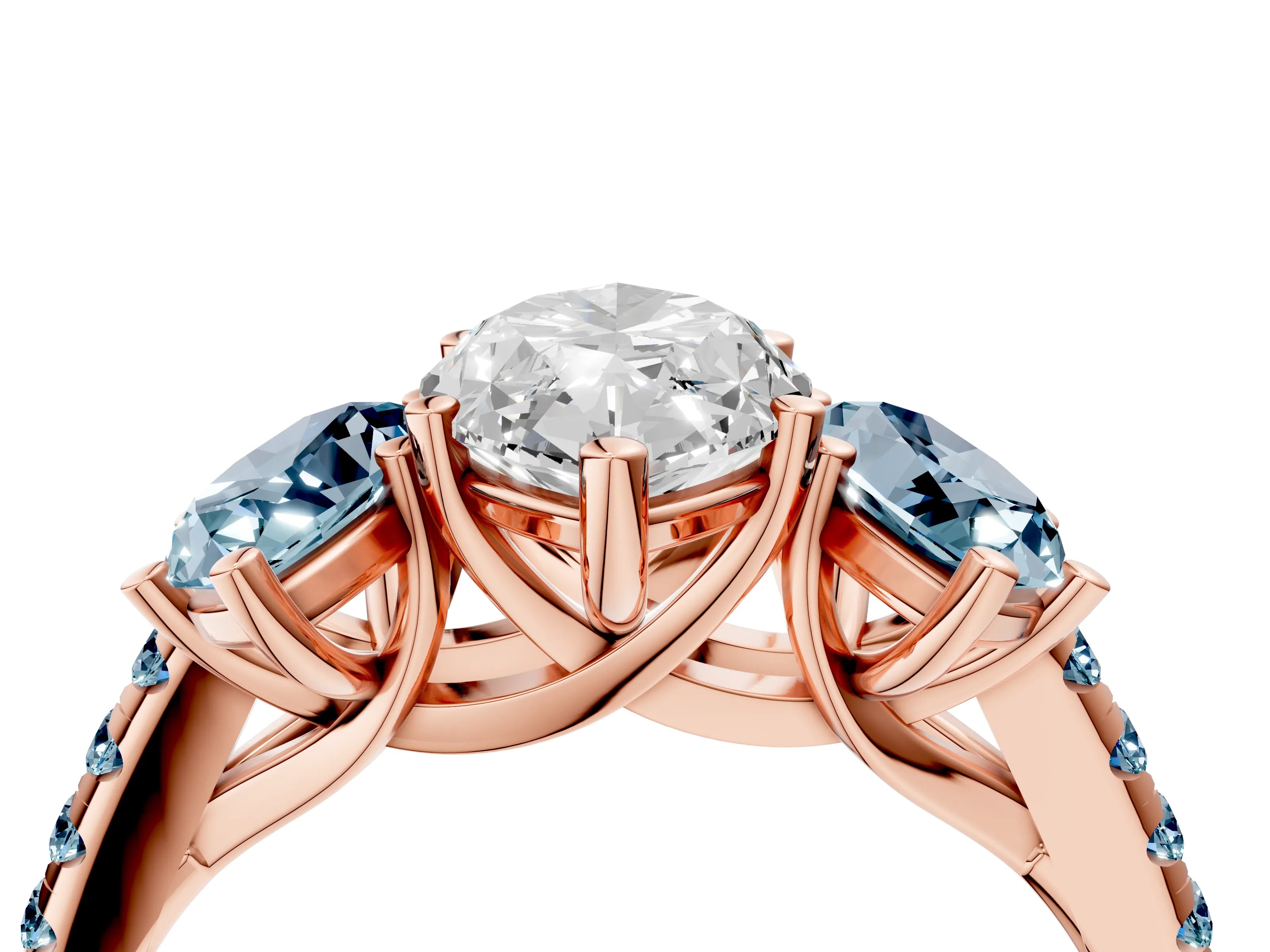 Rose gold Three-Stone Marquise Cut Diamond Ring with Round with Aquamarine side stone Pavé Band and Prong Setting_4