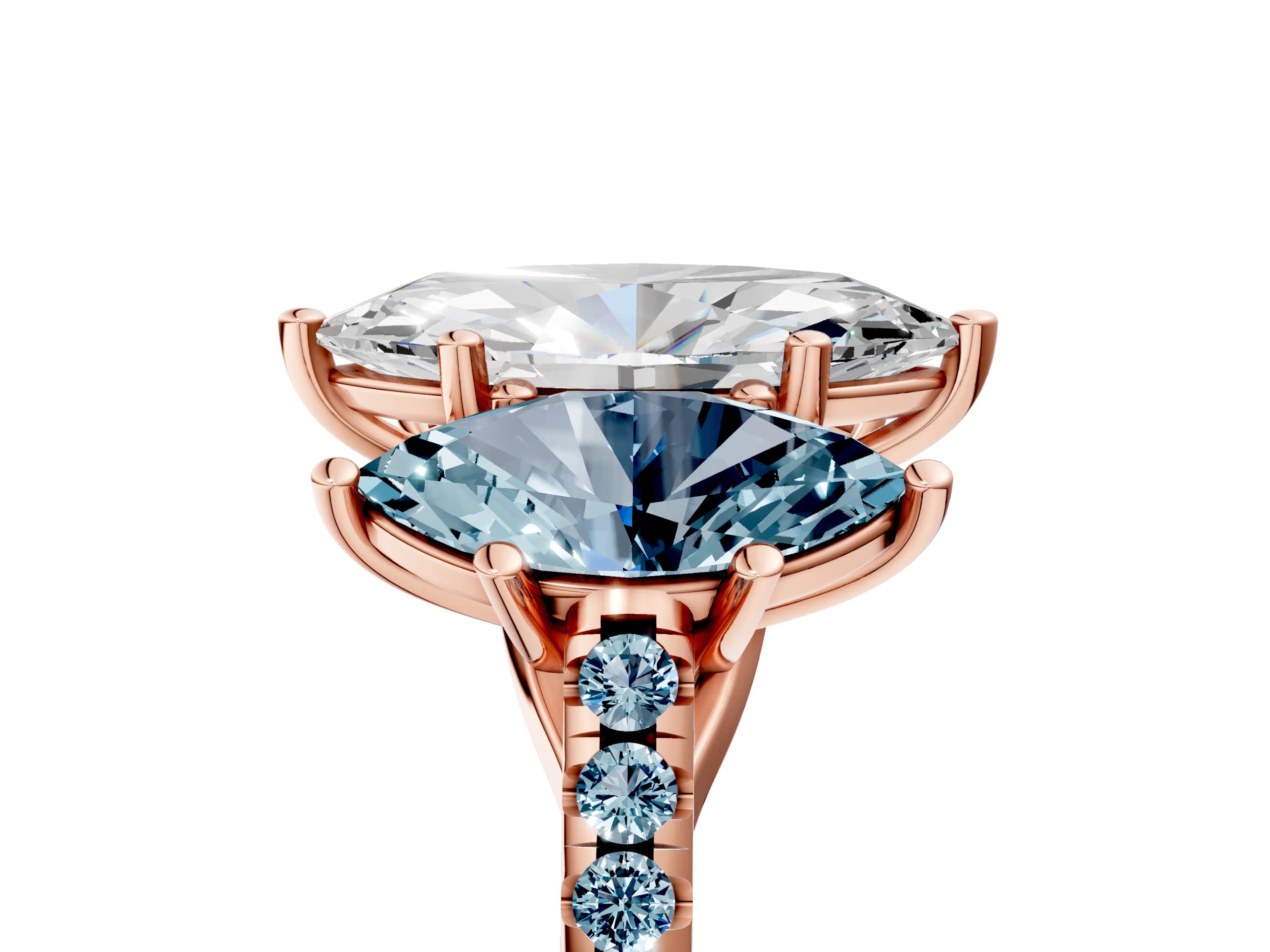 Rose gold Three-Stone Marquise Cut Diamond Ring with Round with Aquamarine side stone Pavé Band and Prong Setting_5