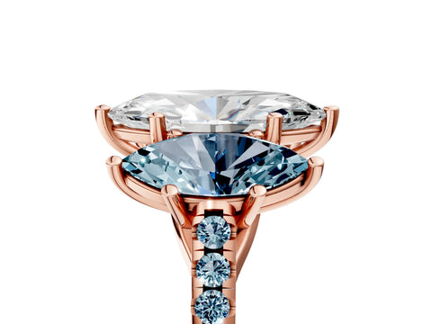 Rose gold Three-Stone Marquise Cut Diamond Ring with Round with Aquamarine side stone Pavé Band and Prong Setting_5