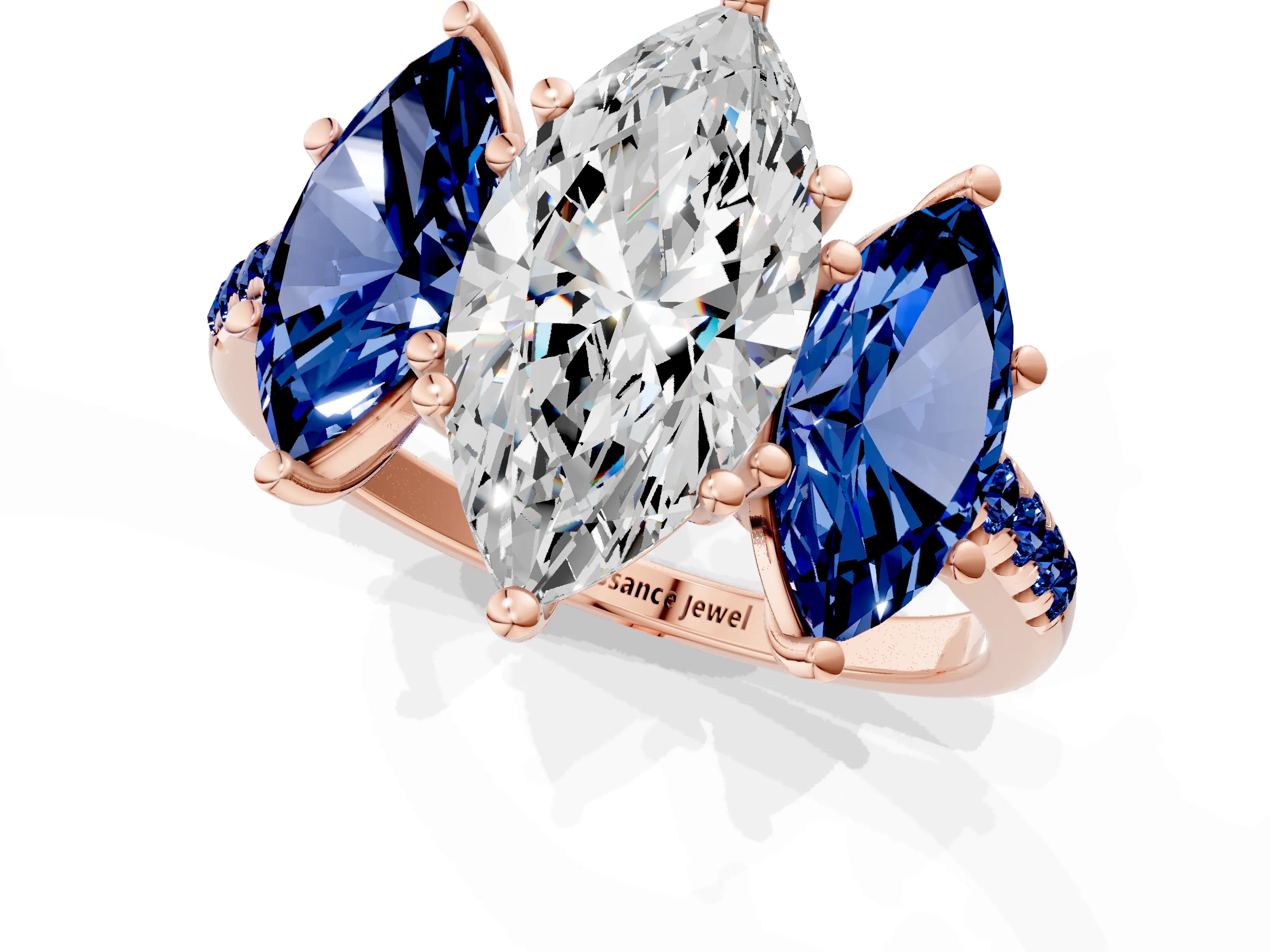 Rose gold Three-Stone Marquise Cut Diamond Ring with Round with Blue Sapphire side stone Pavé Band and Prong Setting_1