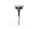 Rose gold Three-Stone Marquise Cut Diamond Ring with Round with Blue Sapphire side stone Pavé Band and Prong Setting_2