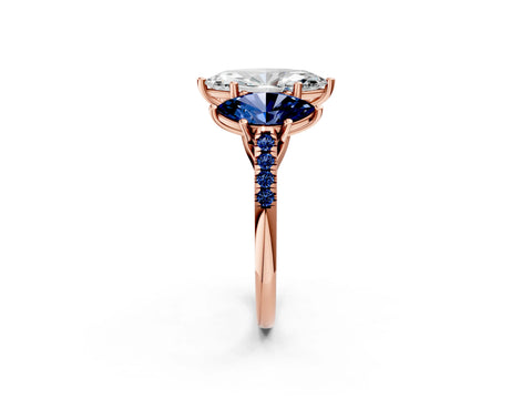 Rose gold Three-Stone Marquise Cut Diamond Ring with Round with Blue Sapphire side stone Pavé Band and Prong Setting_2