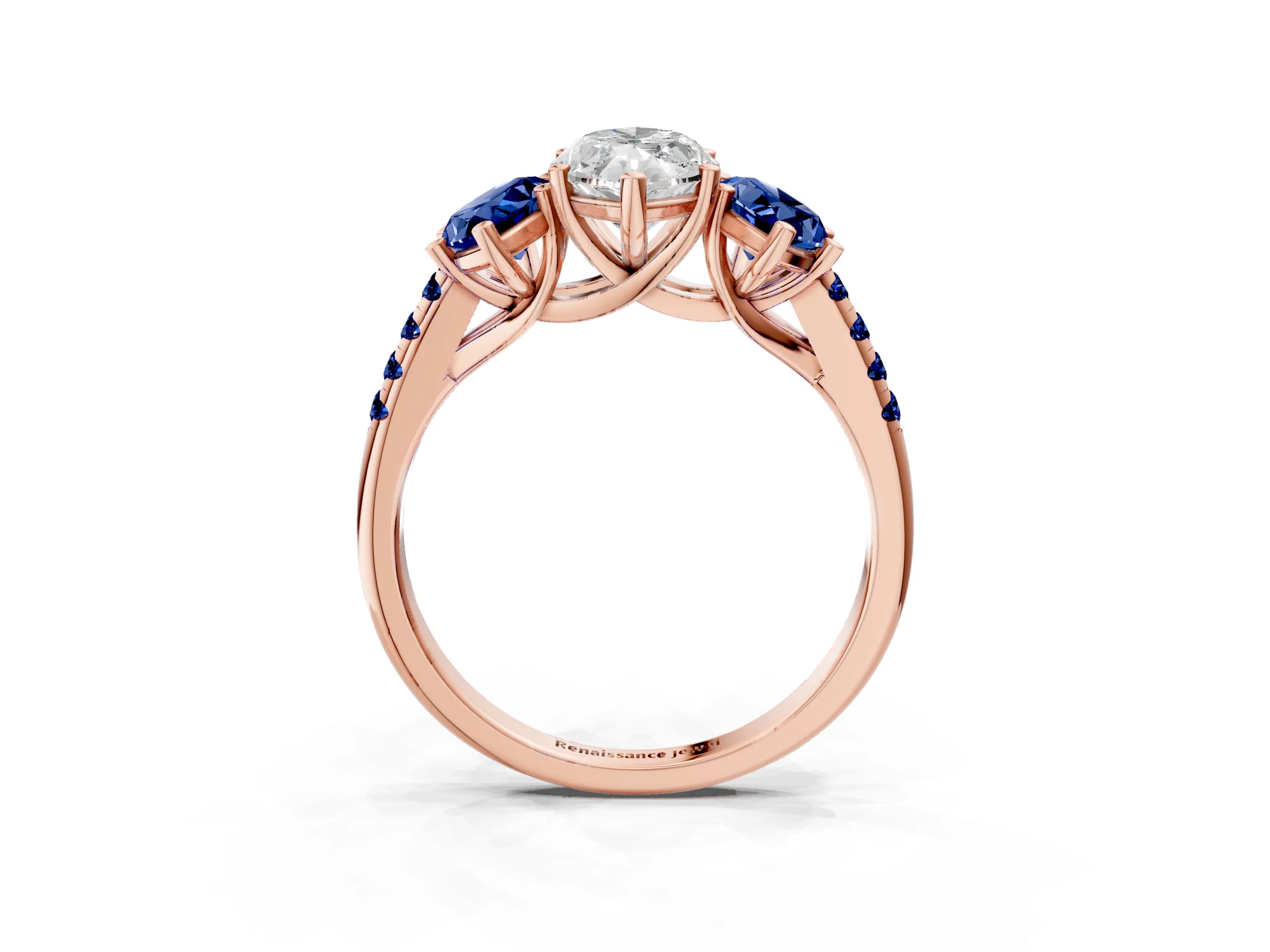 Rose gold Three-Stone Marquise Cut Diamond Ring with Round with Blue Sapphire side stone Pavé Band and Prong Setting_3