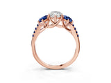 Rose gold Three-Stone Marquise Cut Diamond Ring with Round with Blue Sapphire side stone Pavé Band and Prong Setting_3