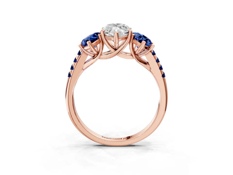 Rose gold Three-Stone Marquise Cut Diamond Ring with Round with Blue Sapphire side stone Pavé Band and Prong Setting_3