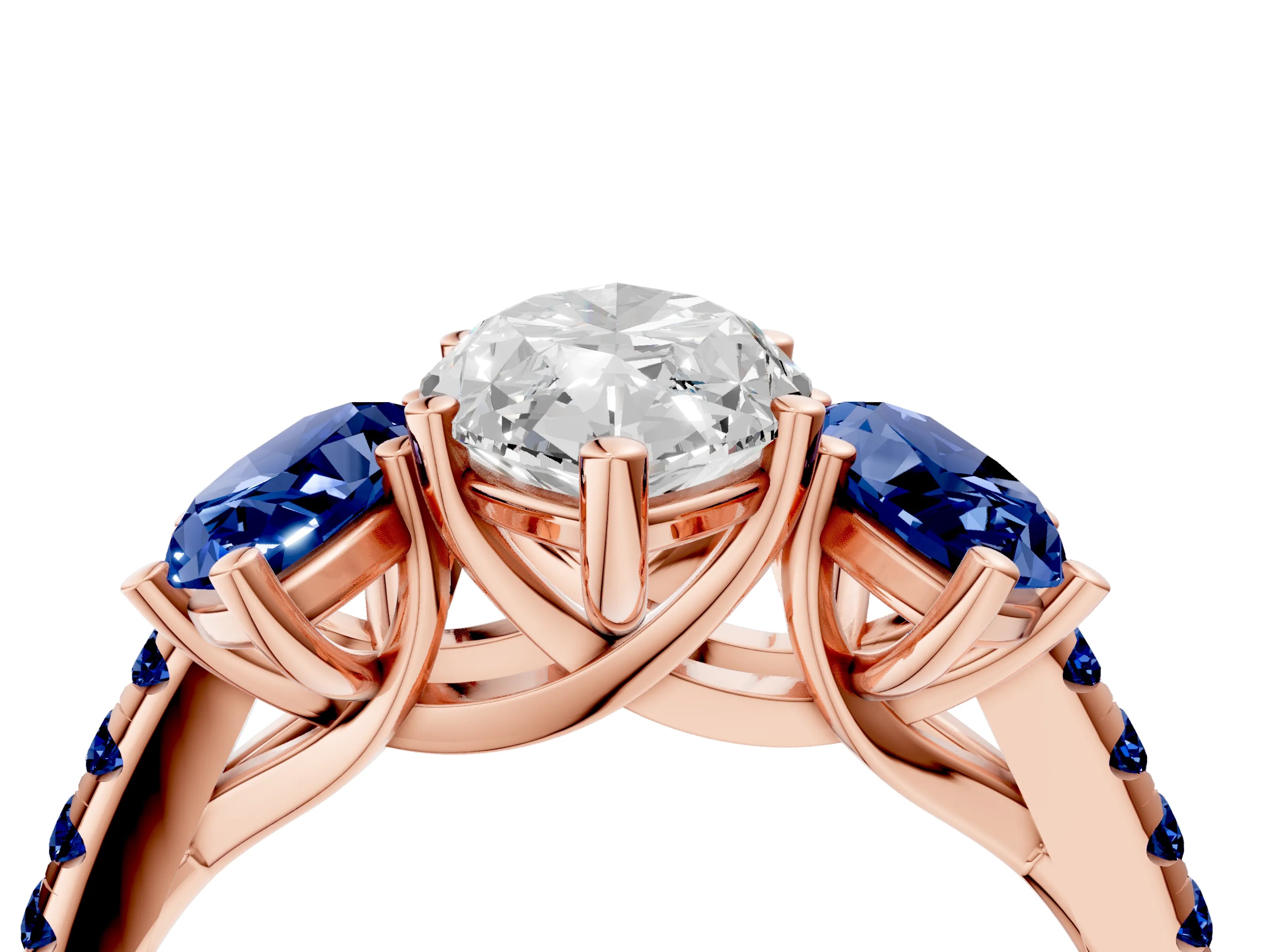 Rose gold Three-Stone Marquise Cut Diamond Ring with Round with Blue Sapphire side stone Pavé Band and Prong Setting_4