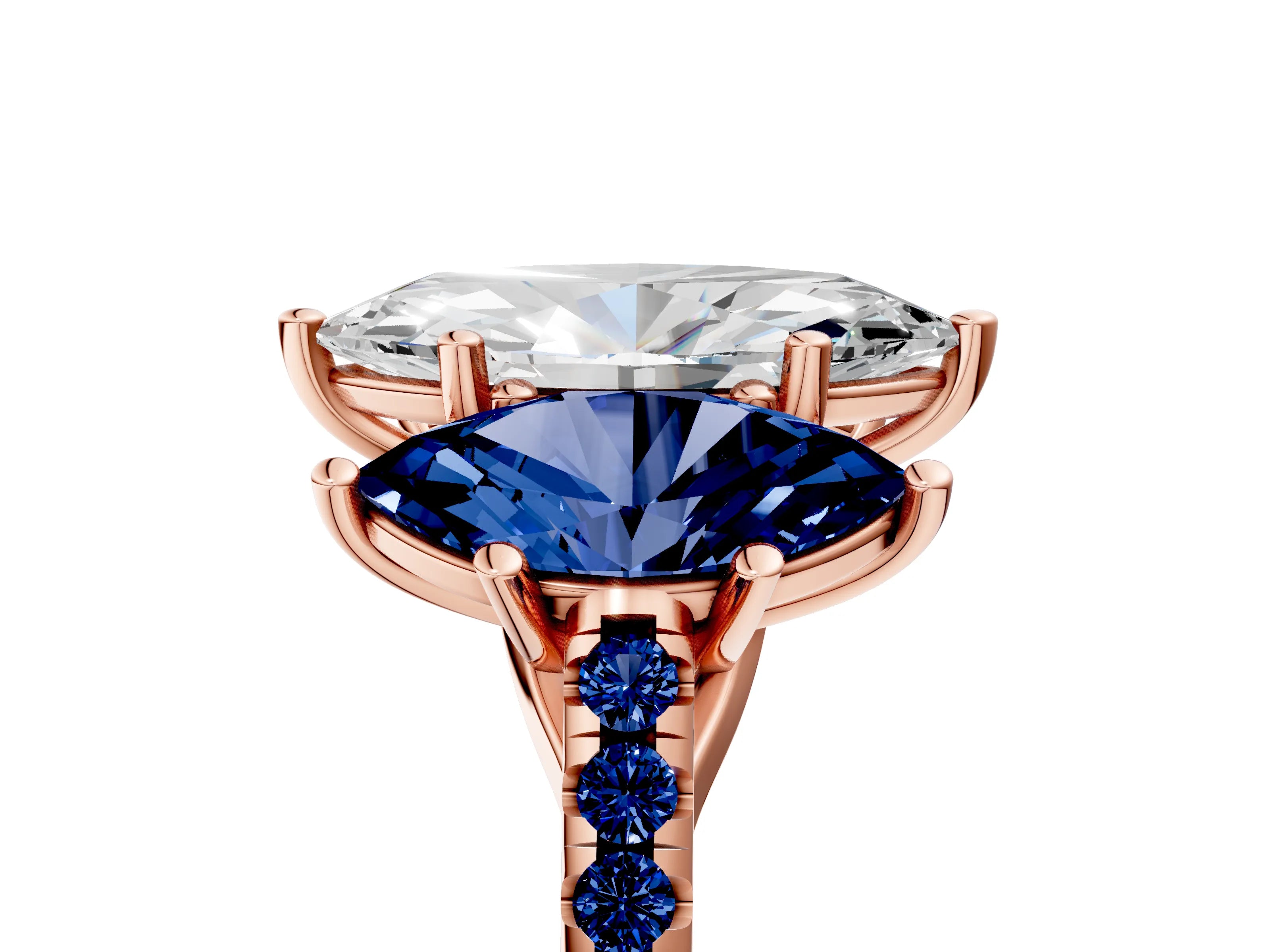 Rose gold Three-Stone Marquise Cut Diamond Ring with Round with Blue Sapphire side stone Pavé Band and Prong Setting_5