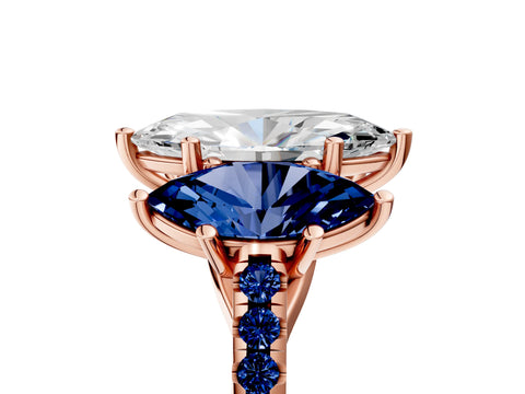 Rose gold Three-Stone Marquise Cut Diamond Ring with Round with Blue Sapphire side stone Pavé Band and Prong Setting_5