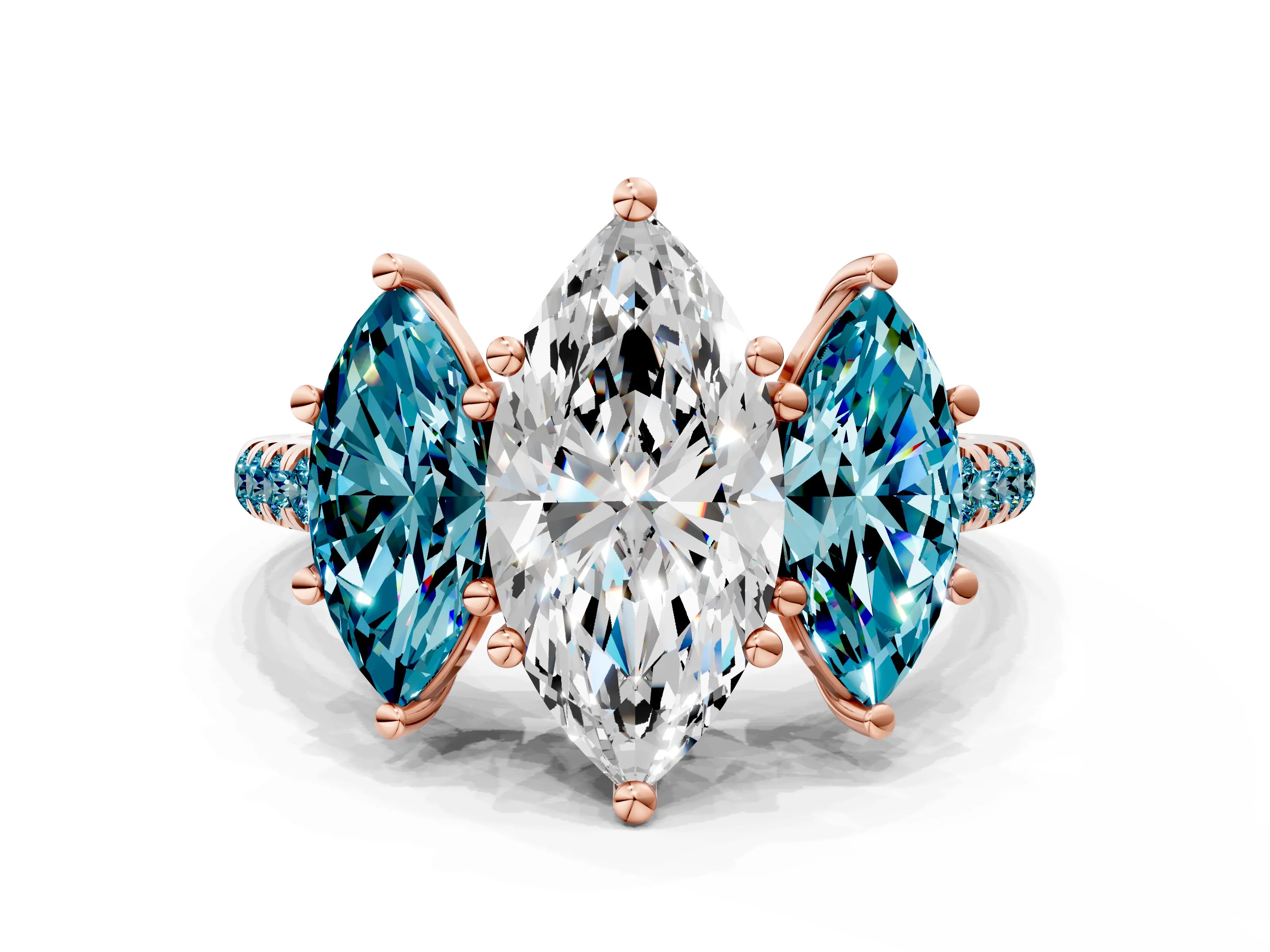 Rose gold Three-Stone Marquise Cut Diamond Ring with Round with Blue Topaz side stone Pavé Band and Prong Setting