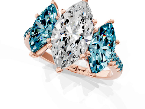 Rose gold Three-Stone Marquise Cut Diamond Ring with Round with Blue Topaz side stone Pavé Band and Prong Setting_1