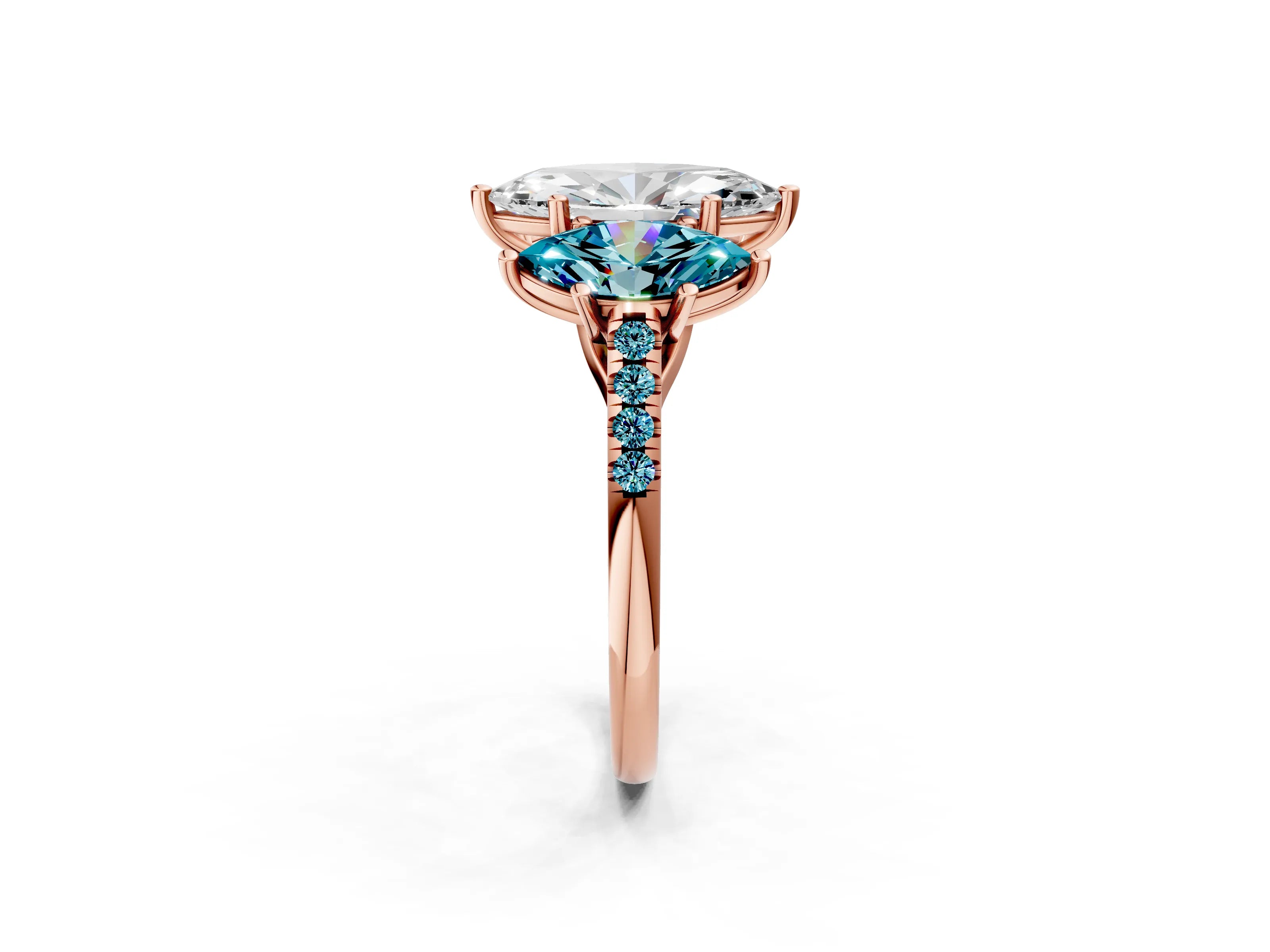 Rose gold Three-Stone Marquise Cut Diamond Ring with Round with Blue Topaz side stone Pavé Band and Prong Setting_2