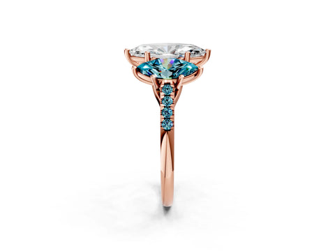Rose gold Three-Stone Marquise Cut Diamond Ring with Round with Blue Topaz side stone Pavé Band and Prong Setting_2
