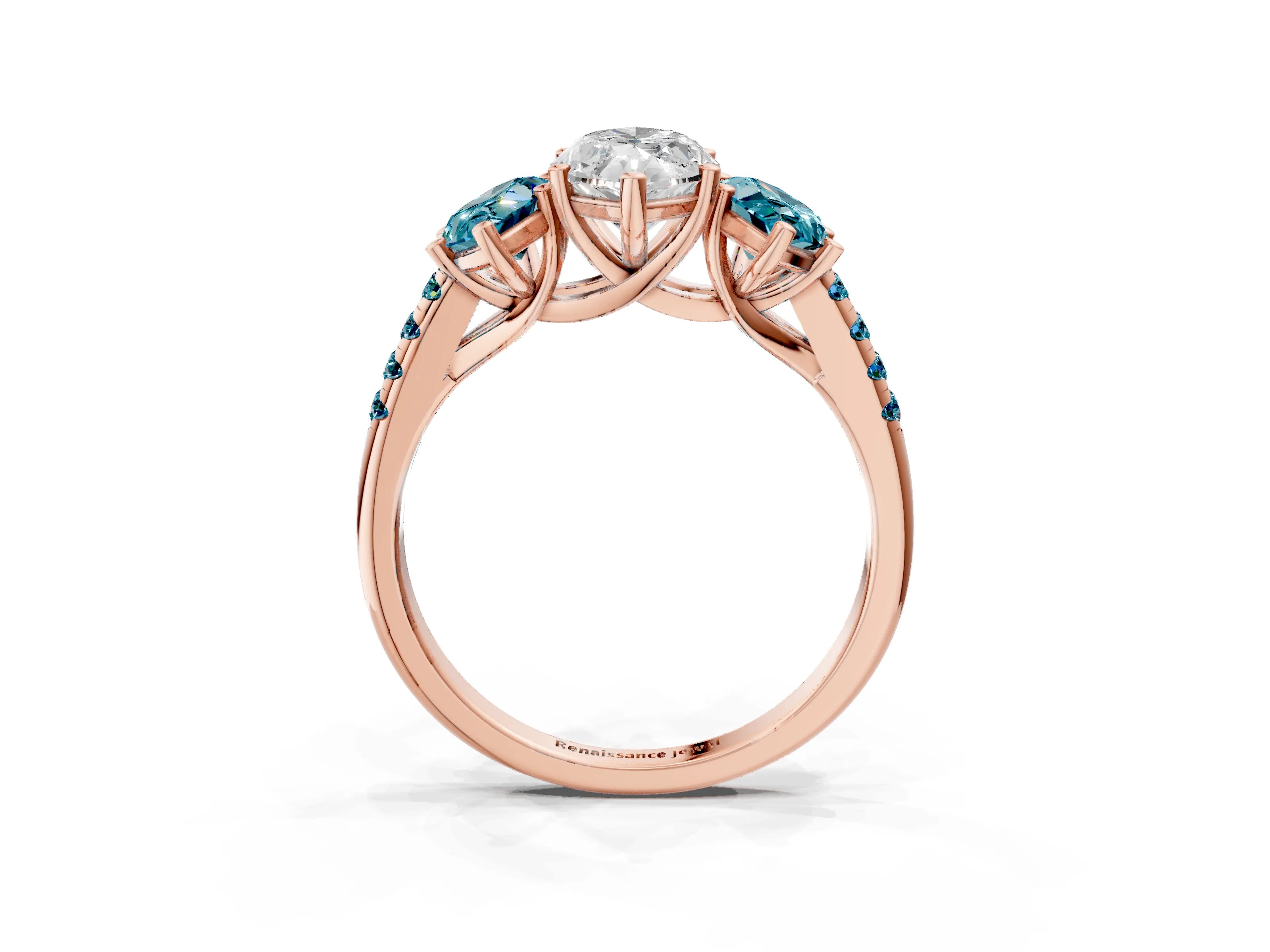 Rose gold Three-Stone Marquise Cut Diamond Ring with Round with Blue Topaz side stone Pavé Band and Prong Setting_3