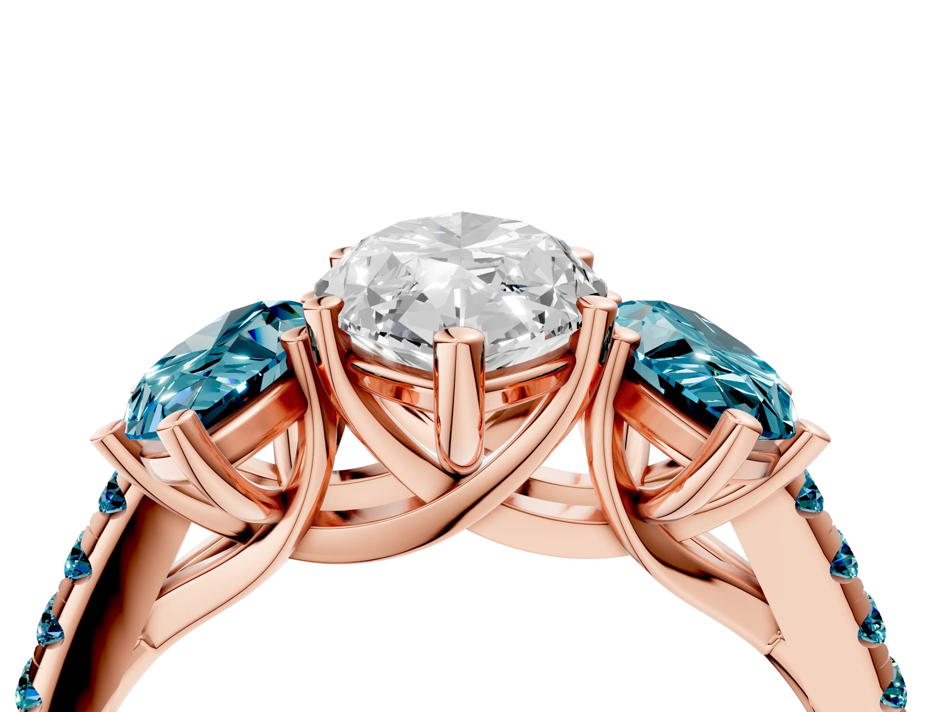 Rose gold Three-Stone Marquise Cut Diamond Ring with Round with Blue Topaz side stone Pavé Band and Prong Setting_4