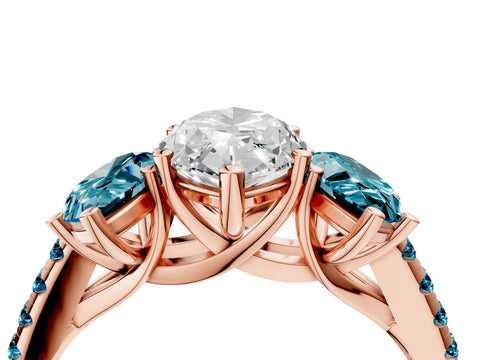 Rose gold Three-Stone Marquise Cut Diamond Ring with Round with Blue Topaz side stone Pavé Band and Prong Setting_4