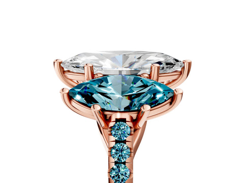 Rose gold Three-Stone Marquise Cut Diamond Ring with Round with Blue Topaz side stone Pavé Band and Prong Setting_5