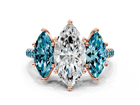 Rose gold Three-Stone Marquise Cut Diamond Ring with Round with Blue Topaz side stone Pavé Band and Prong Setting