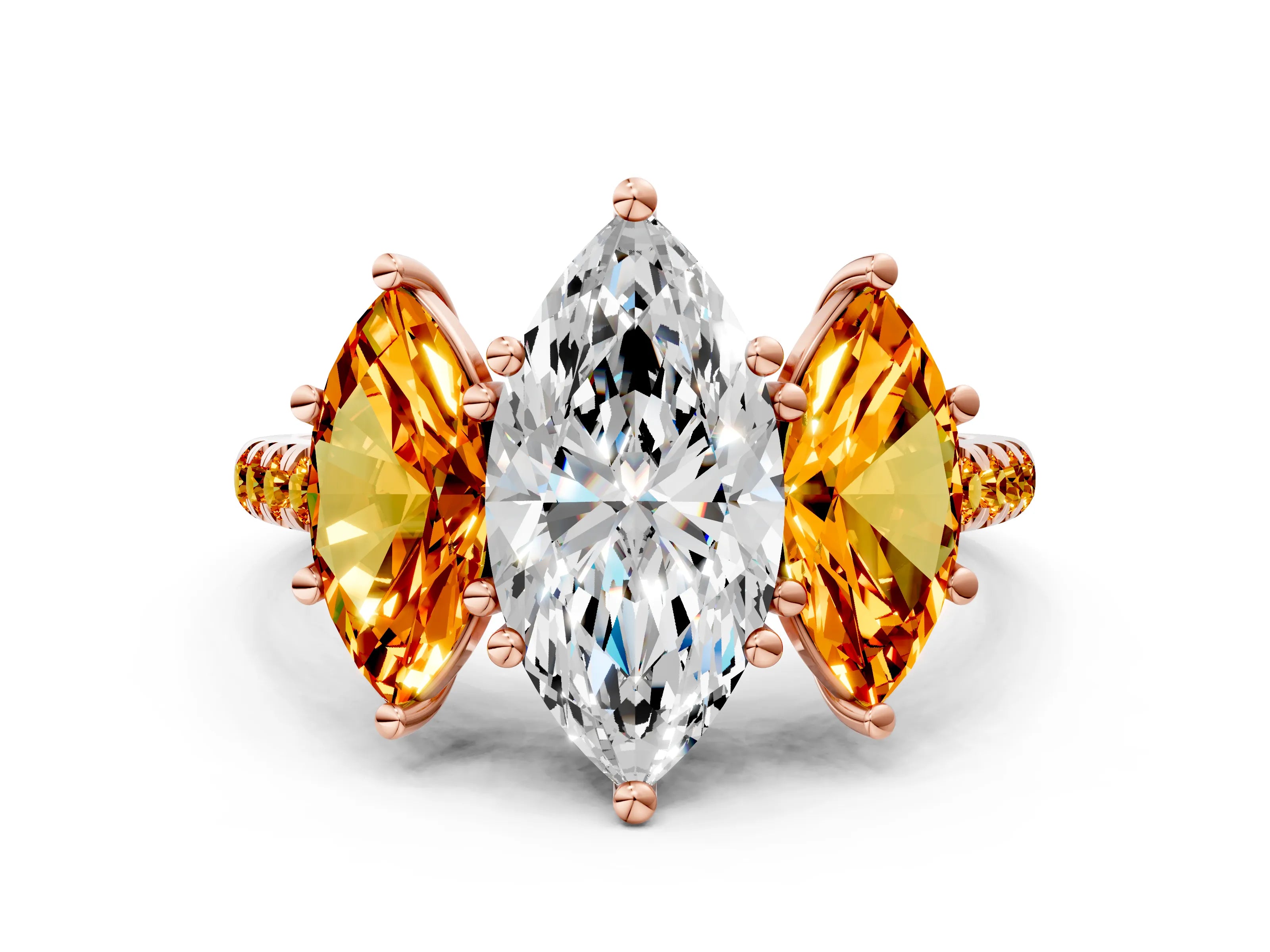 Rose gold Three-Stone Marquise Cut Diamond Ring with Round with Citrine side stone Pavé Band and Prong Setting