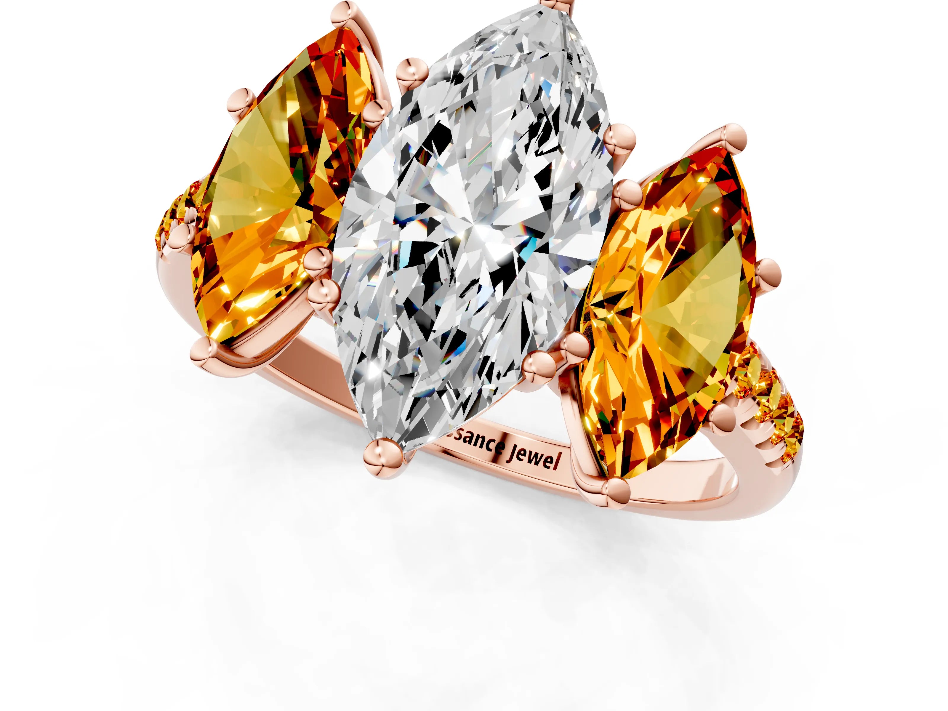 Rose gold Three-Stone Marquise Cut Diamond Ring with Round with Citrine side stone Pavé Band and Prong Setting_1