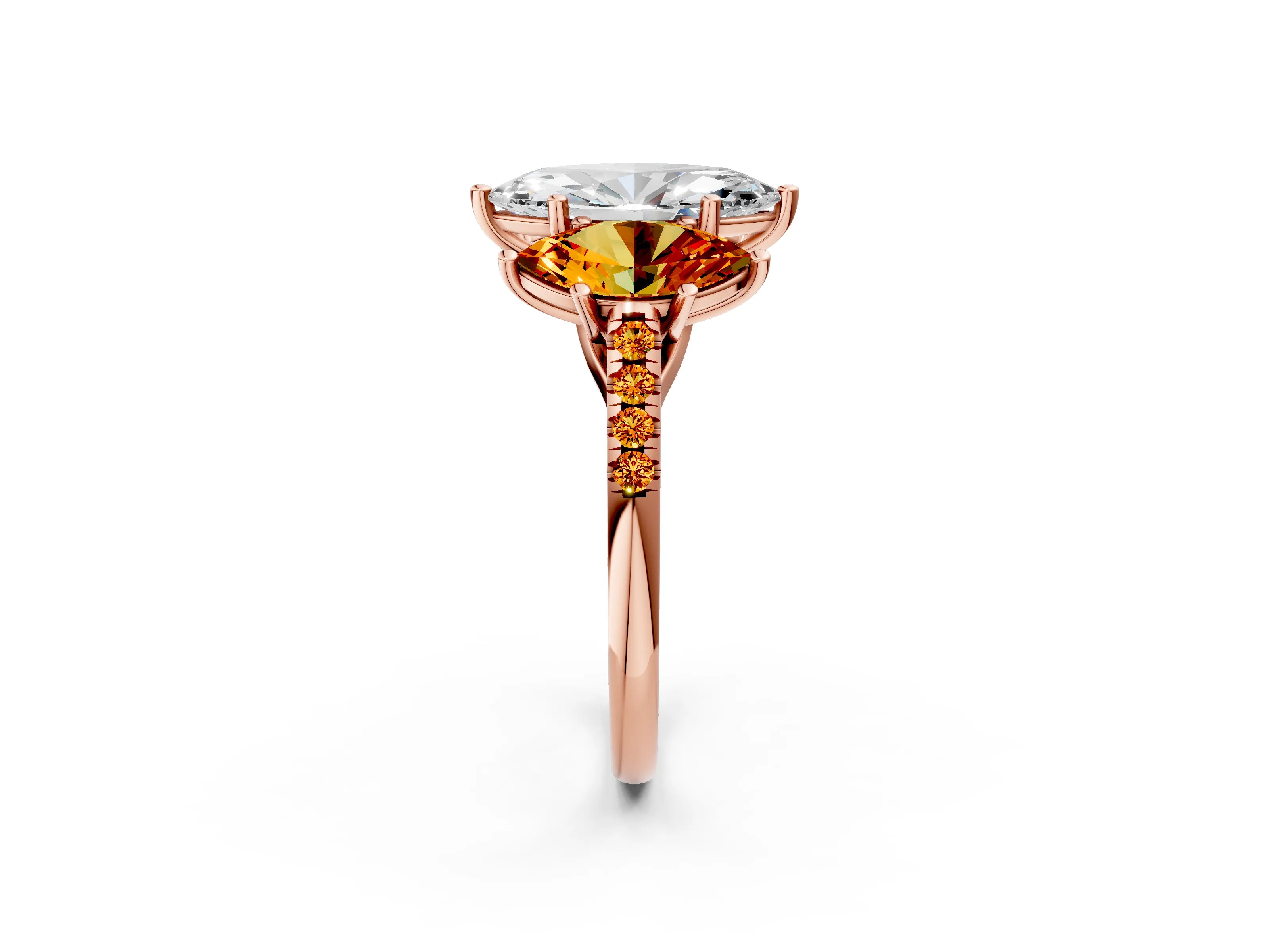 Rose gold Three-Stone Marquise Cut Diamond Ring with Round with Citrine side stone Pavé Band and Prong Setting_2