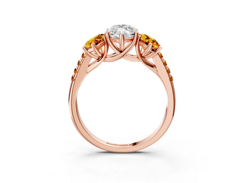 Rose gold Three-Stone Marquise Cut Diamond Ring with Round with Citrine side stone Pavé Band and Prong Setting_3
